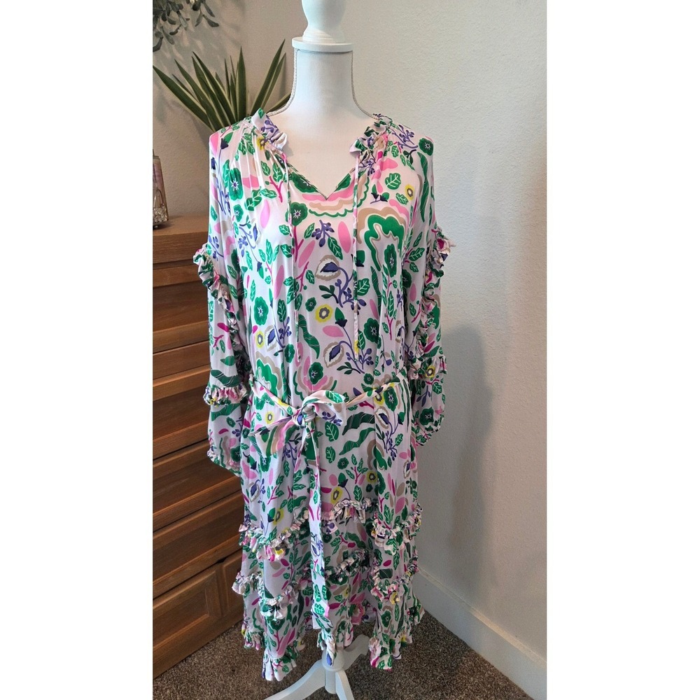 Jessie Zhao Floral Ruffle Midi Dress Tie Waist V-Neck Green Pink White Medium